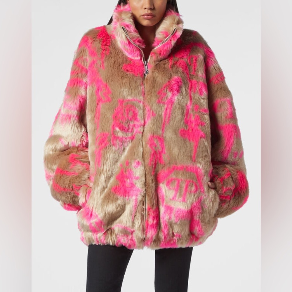 Philipp Plein Multicolor Heart-Print Faux-Fur High-Neck Coat - Picture 9 of 10